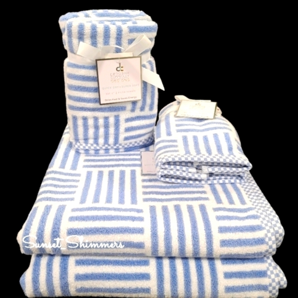 6pc Blue & White Nautical Stripe BATH Hand Tip Towel Set Deborah Connolly New